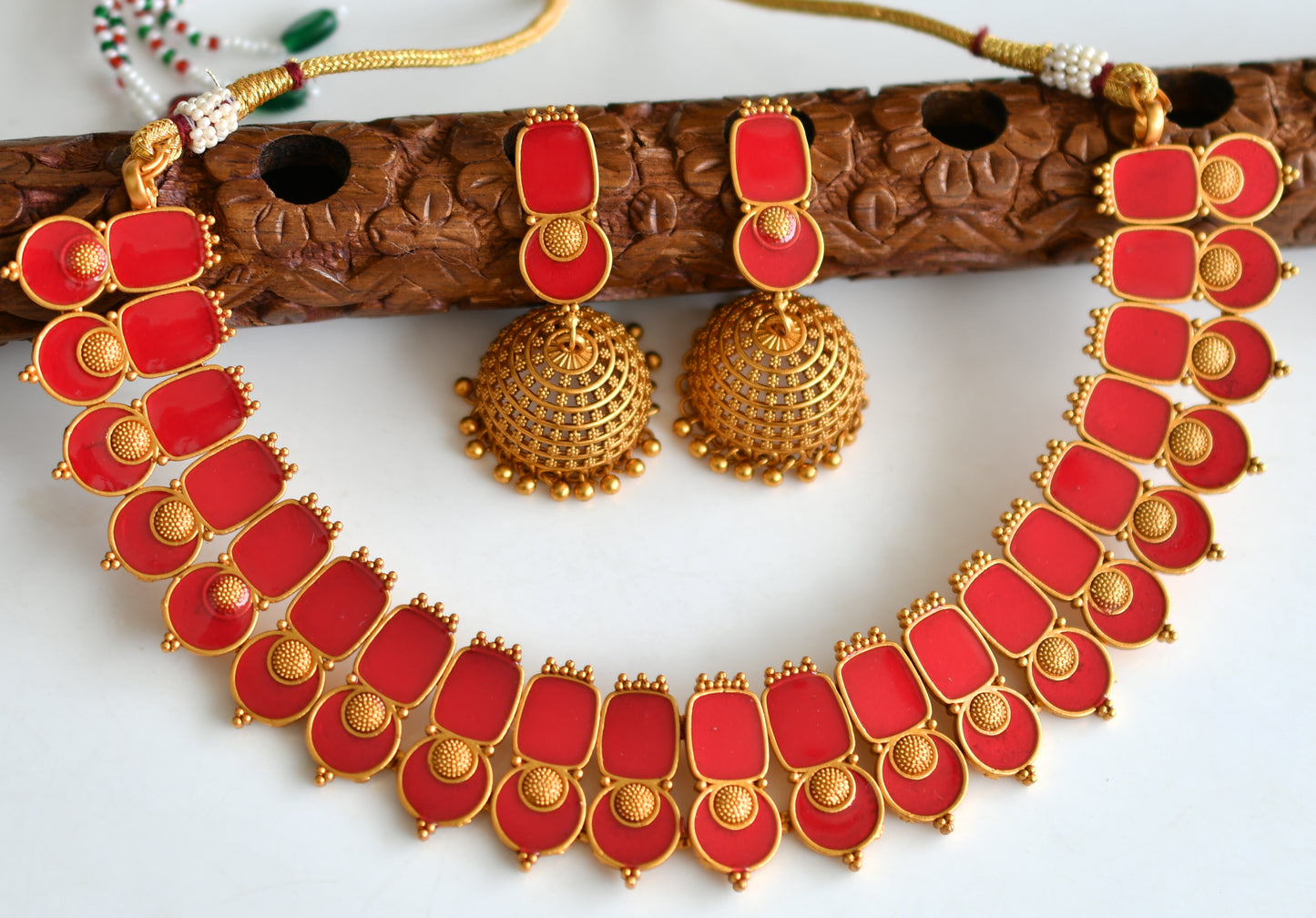 Matte finish Kerala style Red necklace set dj-42821