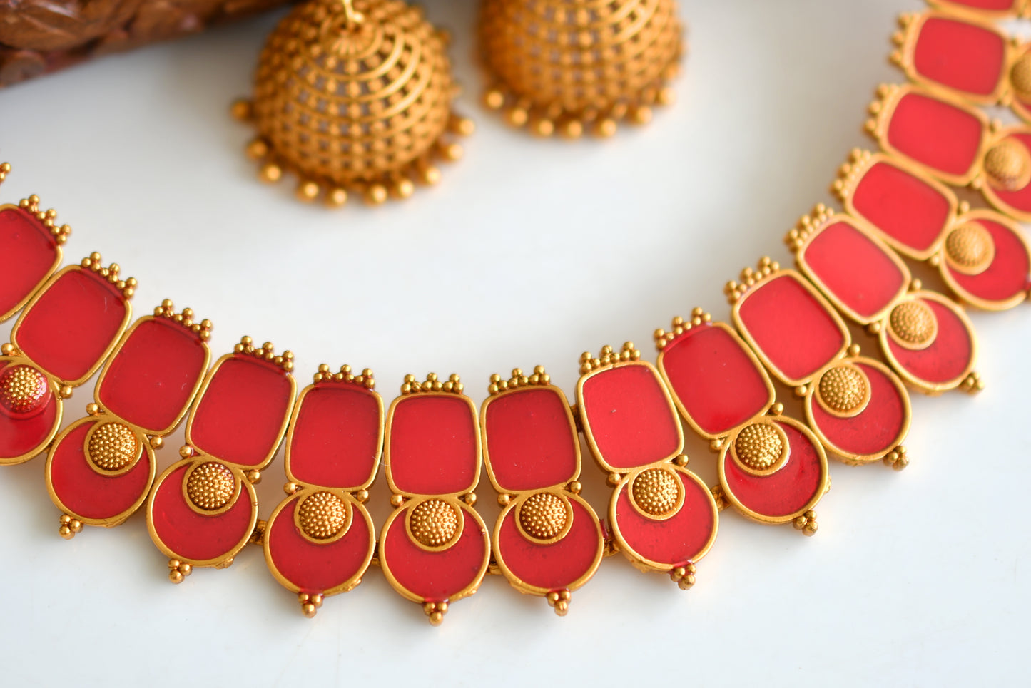 Matte finish Kerala style Red necklace set dj-42821