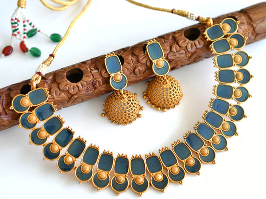 Matte finish Kerala style Blue necklace set dj-42820