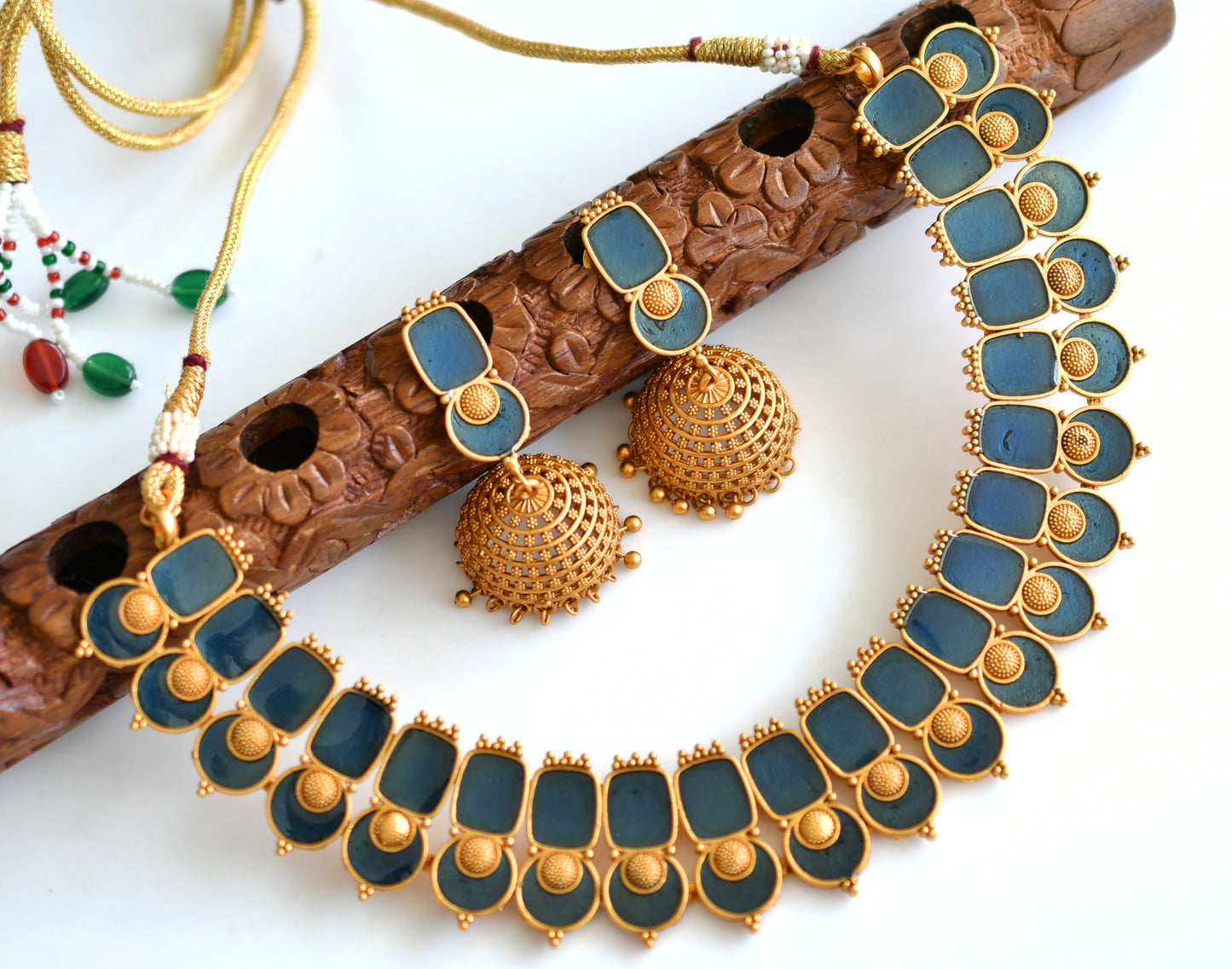 Matte finish Kerala style Blue necklace set dj-42820