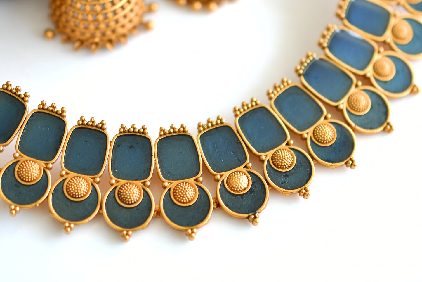 Matte finish Kerala style Blue necklace set dj-42820