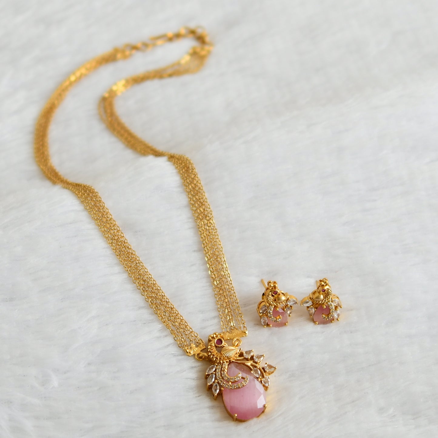 Matte finish cz-baby pink peacock necklace set dj-49483