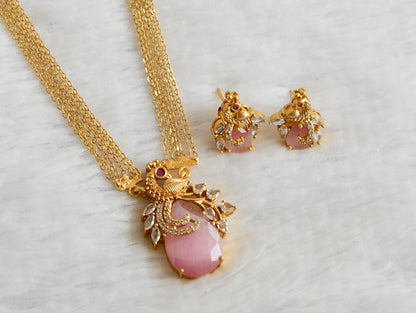 Matte finish cz-baby pink peacock necklace set dj-49483