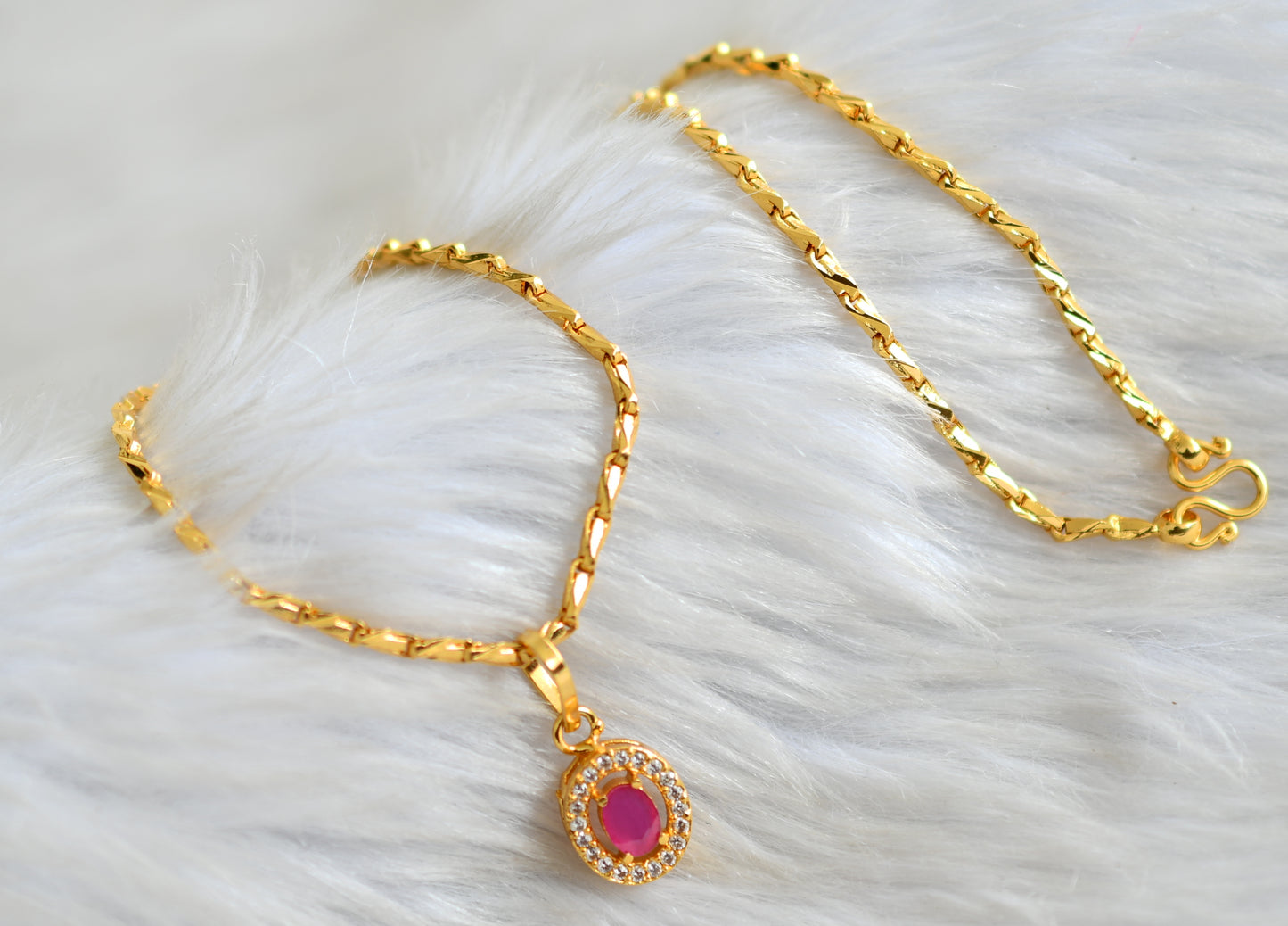 Gold tone cz ruby pendant with short chain dj-42826