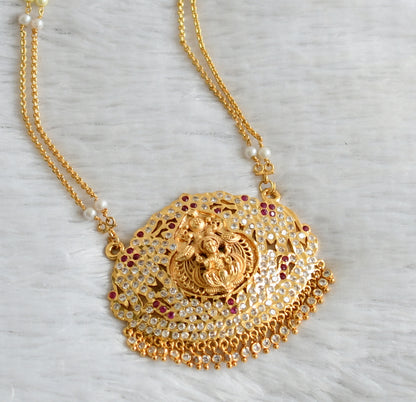 Gold tone pink-white impon lakshmi pendant with pearl double layer chain dj-47649