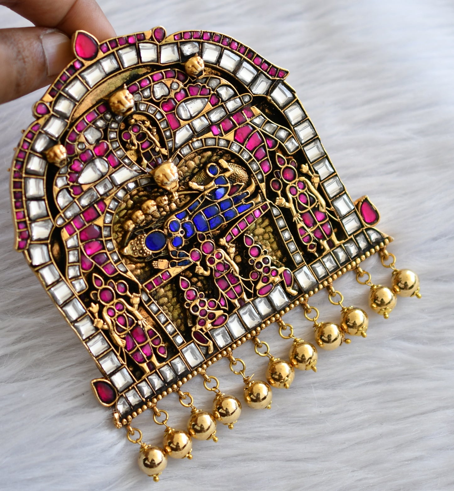 Antique gold tone pink-blue-white kundan jadau Sri Ranganathar pendant dj-46029
