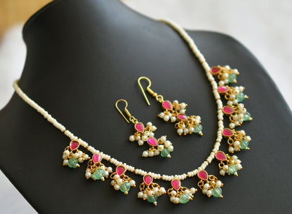 Gold tone pink-green-pearl green pumpkin beaded kundan jadau necklace set dj-46027