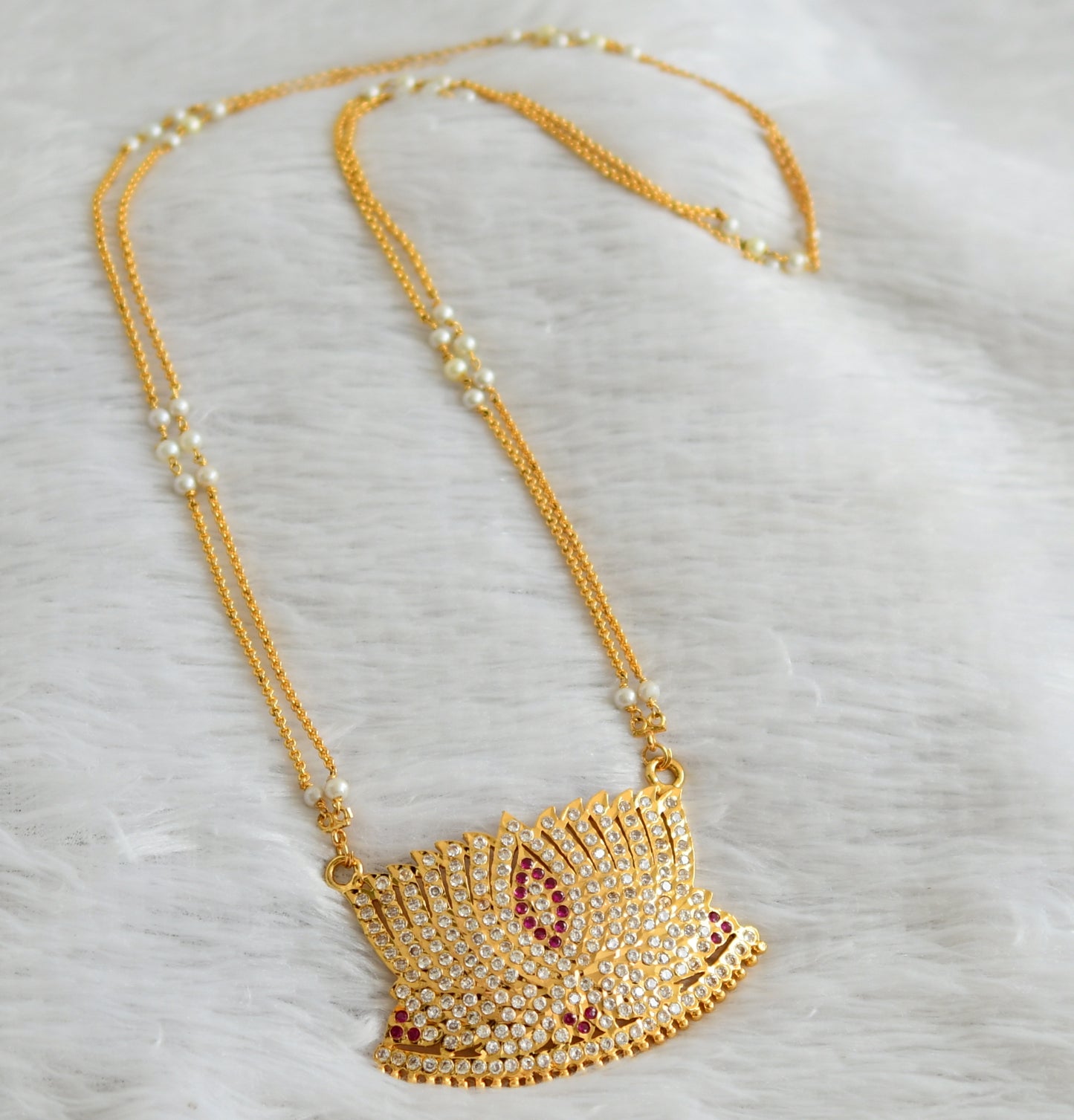 Gold tone pink-white impon big lotus pendant with pearl double layer chain dj-47650