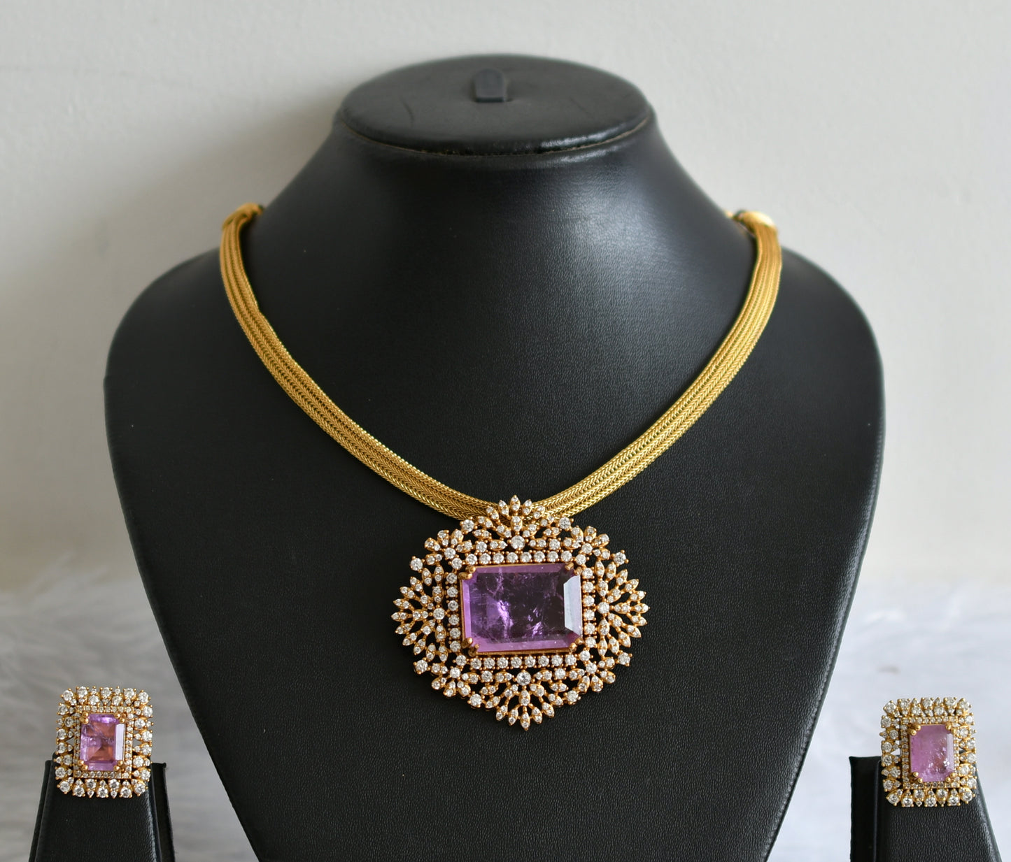 Matte finish cz-purple block stone necklace set dj-49482