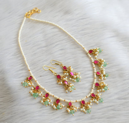 Gold tone pink-green-pearl green pumpkin beaded kundan jadau necklace set dj-46027