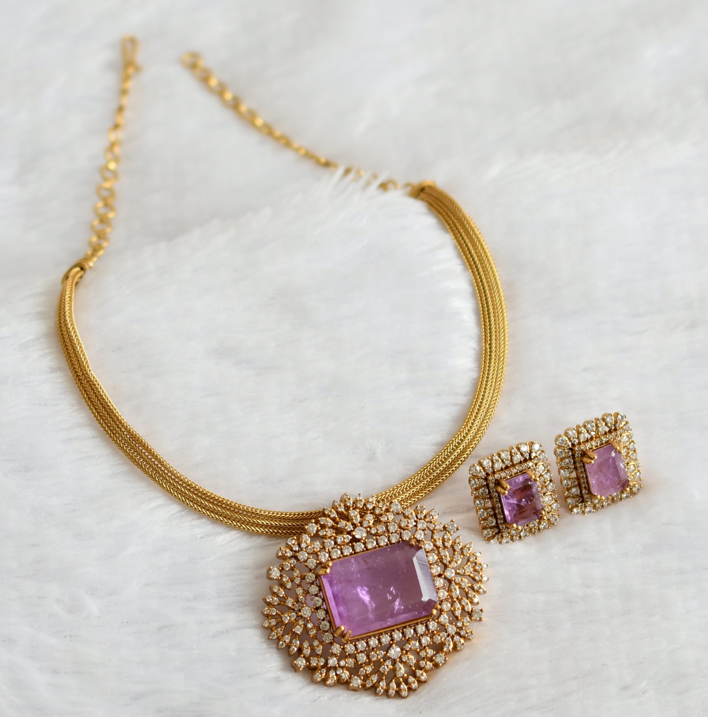 Matte finish cz-purple block stone necklace set dj-49482