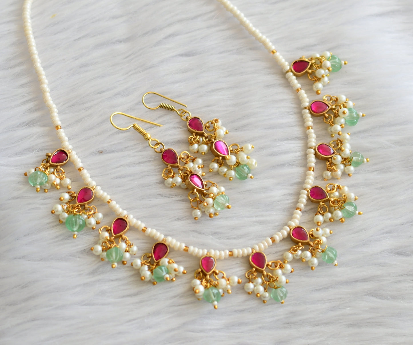 Gold tone pink-green-pearl green pumpkin beaded kundan jadau necklace set dj-46027