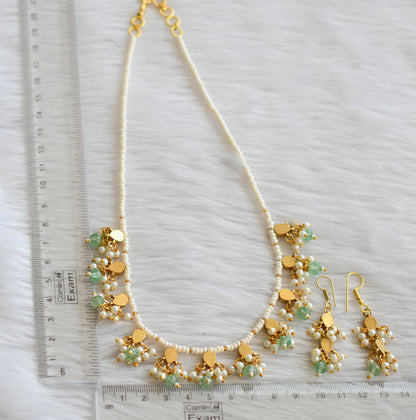 Gold tone pink-green-pearl green pumpkin beaded kundan jadau necklace set dj-46027