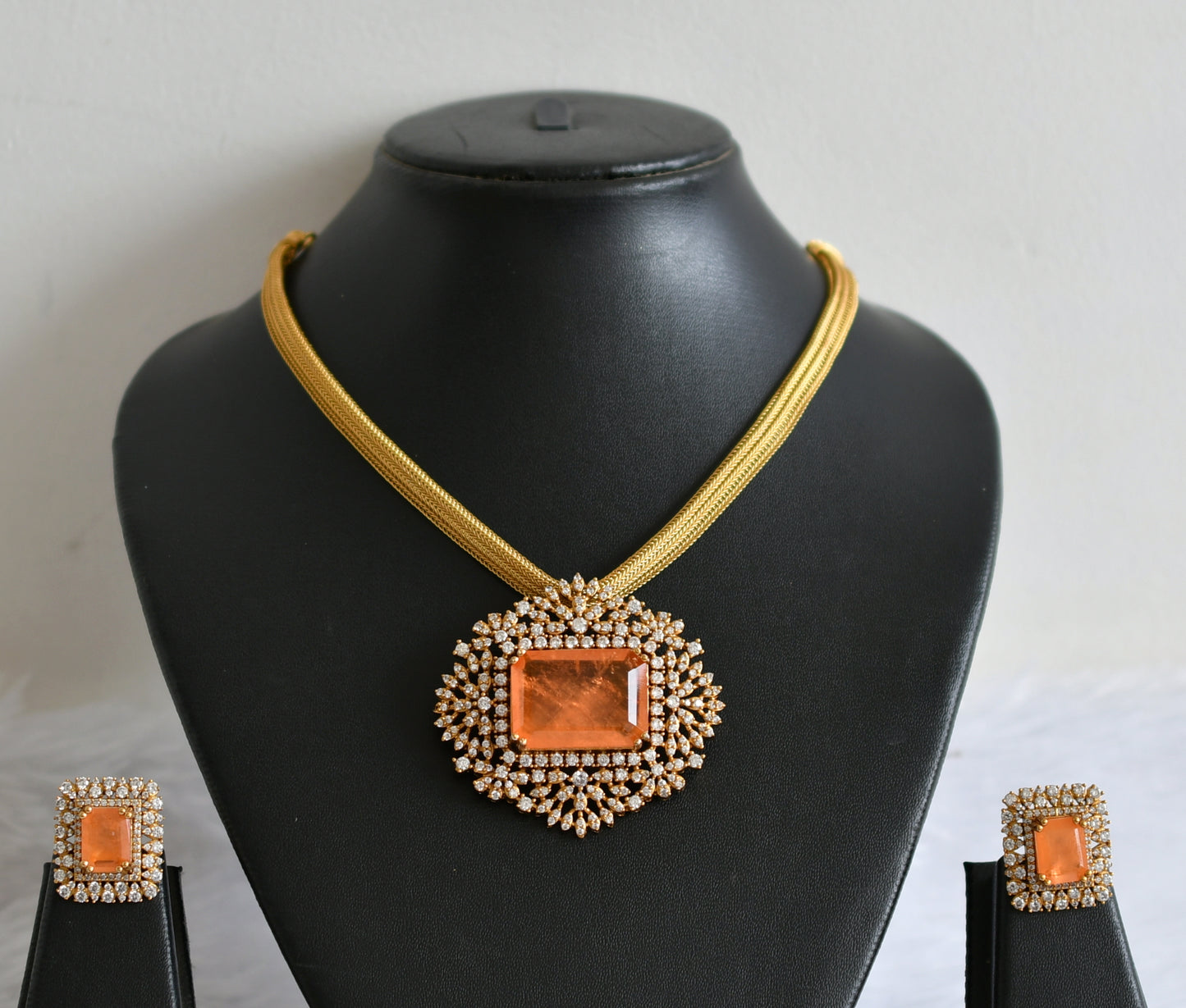 Matte finish cz-ligth orange block stone necklace set dj-49478