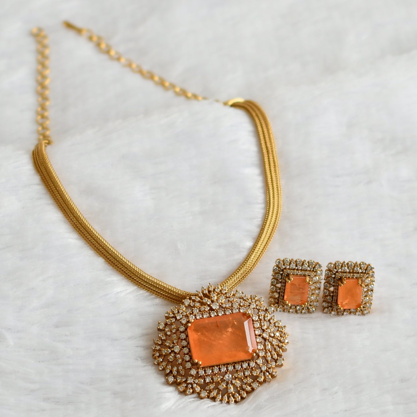 Matte finish cz-ligth orange block stone necklace set dj-49478