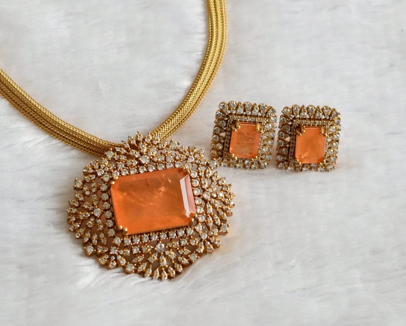 Matte finish cz-ligth orange block stone necklace set dj-49478