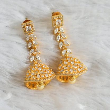 Gold tone cz white block stone long jhumkka dj-47678