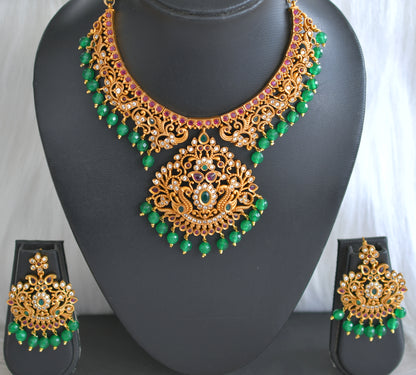 Matte finish cz kemp-green beaded peacock necklace set dj-42830