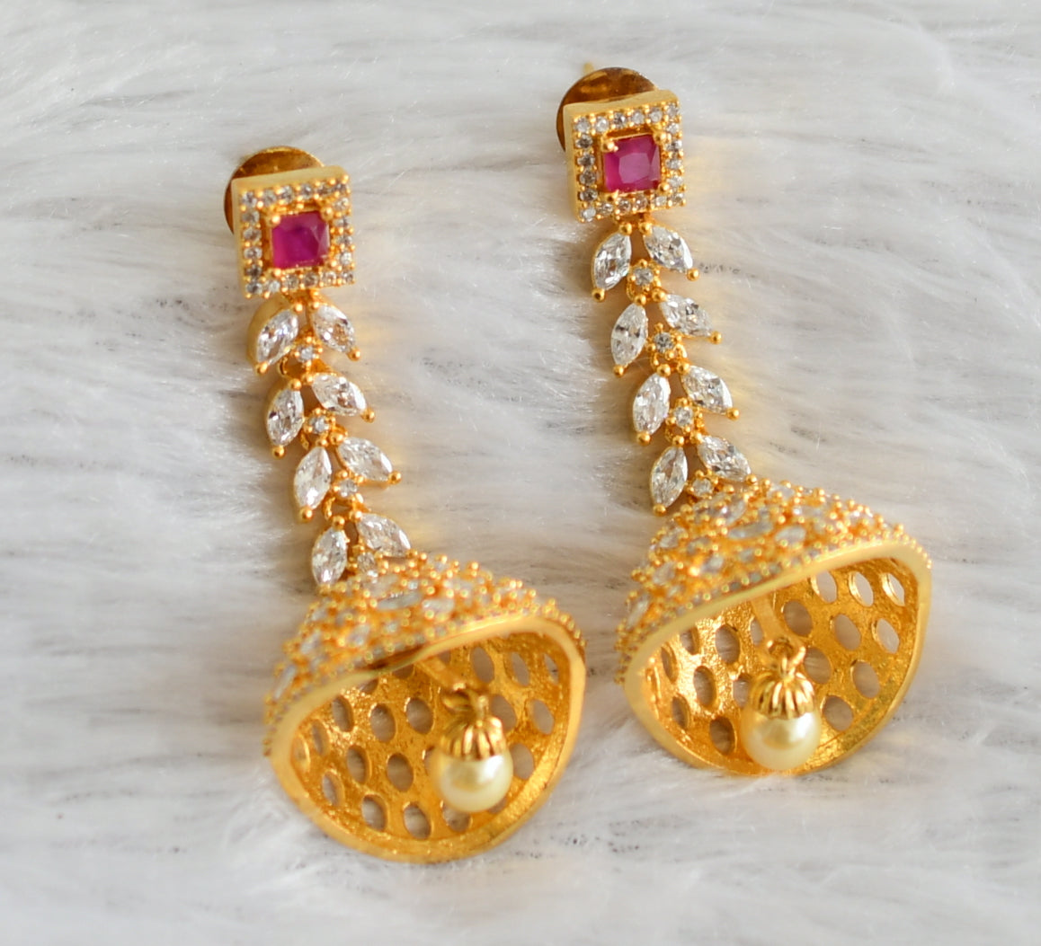 Gold tone ruby-white block stone long jhumkka dj-47679