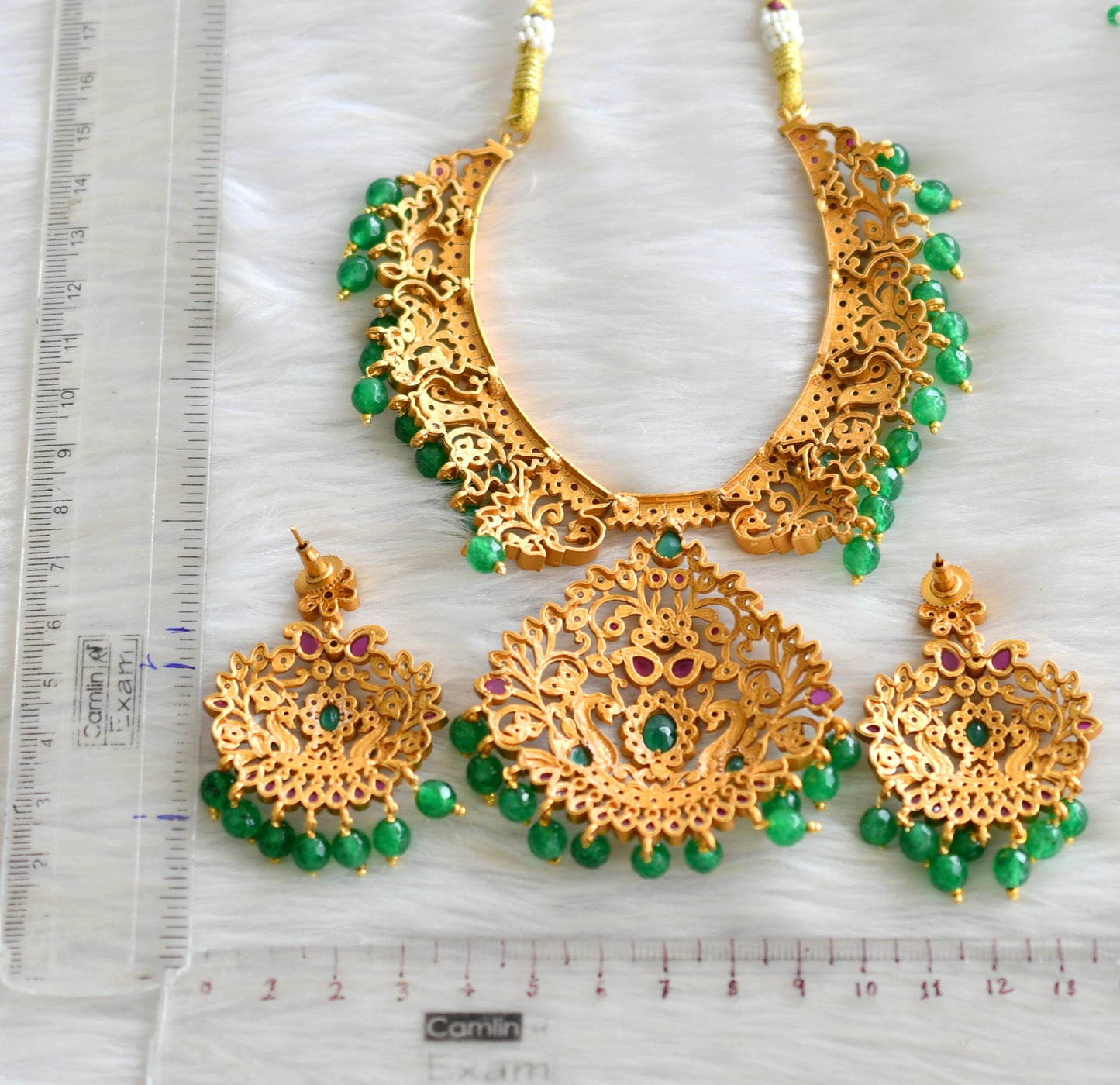 Matte finish cz kemp-green beaded peacock necklace set dj-42830