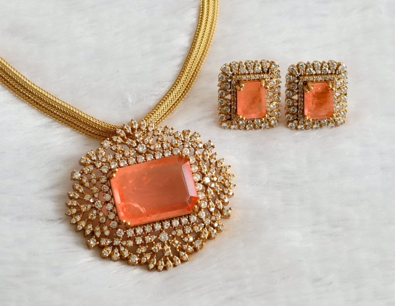 Matte finish cz-orange block stone necklace set dj-49475