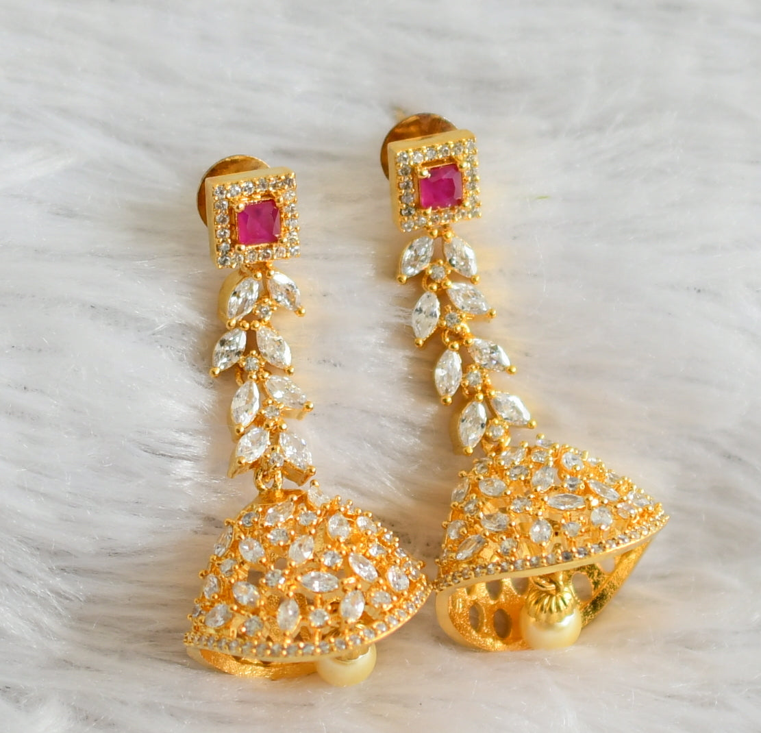 Gold tone ruby-white block stone long jhumkka dj-47679