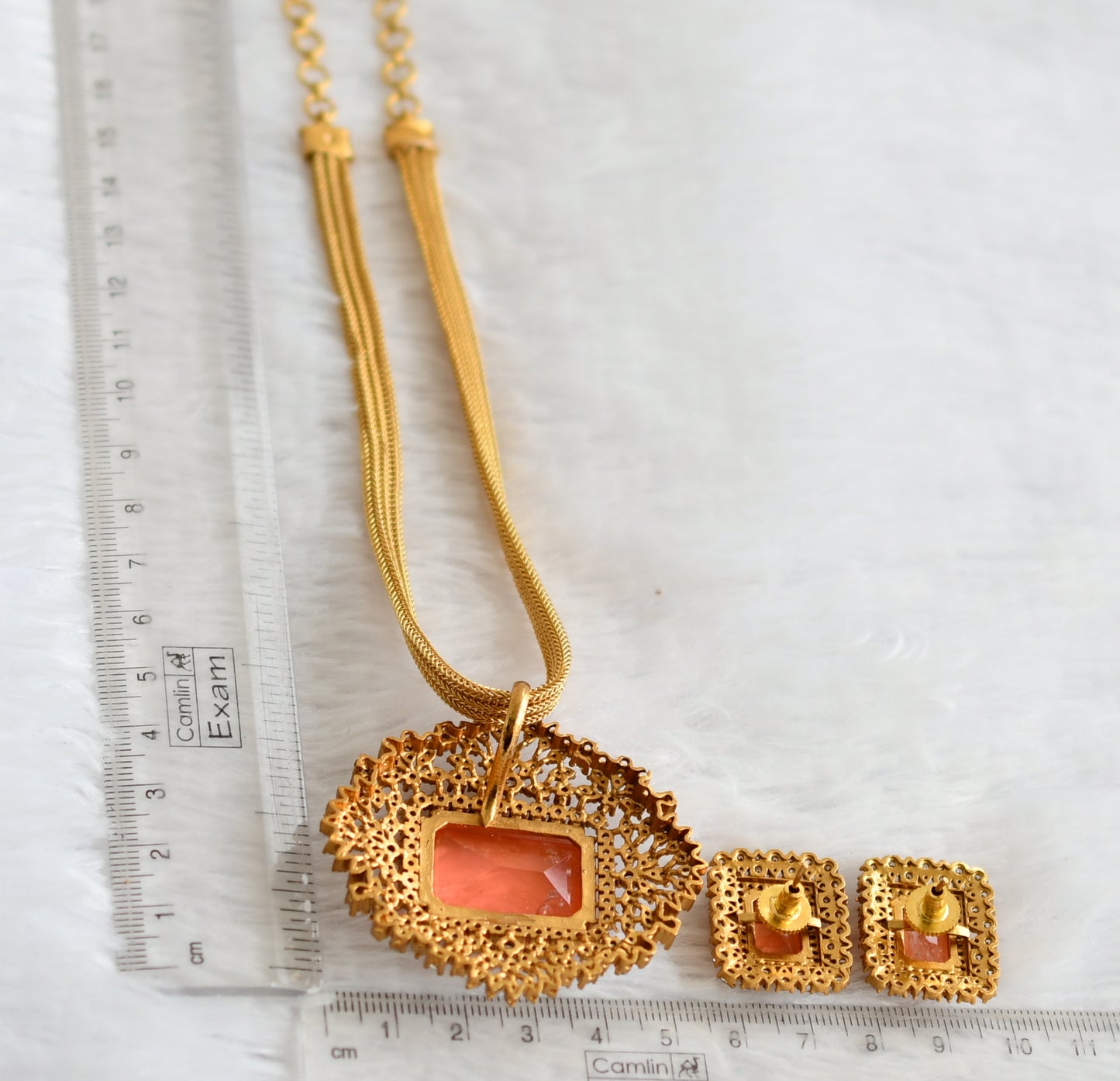 Matte finish cz-orange block stone necklace set dj-49475