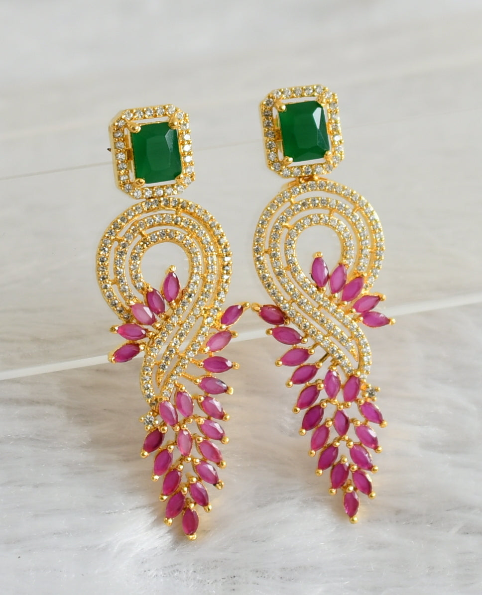 Gold tone ruby-green-white block stone long earrings dj-47681