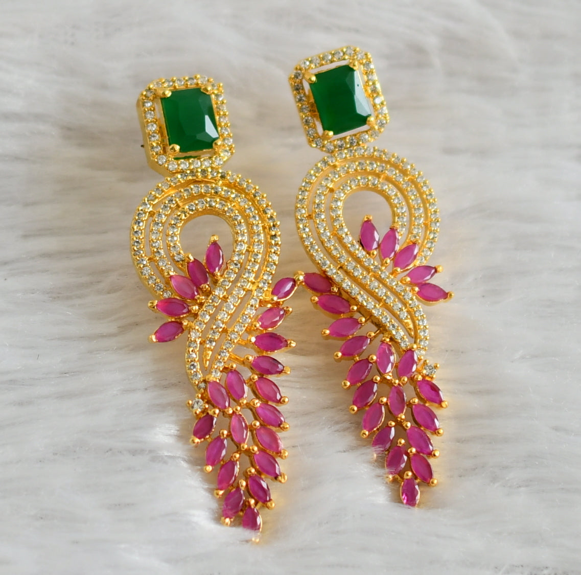 Gold tone ruby-green-white block stone long earrings dj-47681