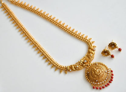 Antique gold tone pearl-coral Lakshmi haar set dj-42832