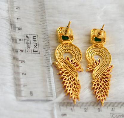 Gold tone ruby-green-white block stone long earrings dj-47681