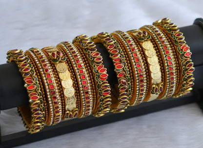 Gold tone silk thread red-green-white kundan jadau lotus lakshmi coin bangles(2.6) dj-46033