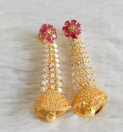 Gold tone ruby-white stone flower long jhumkka dj-47680