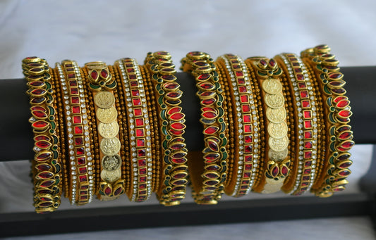 Gold tone silk thread red-green-white kundan jadau lotus lakshmi coin bangles(2.6) dj-46033