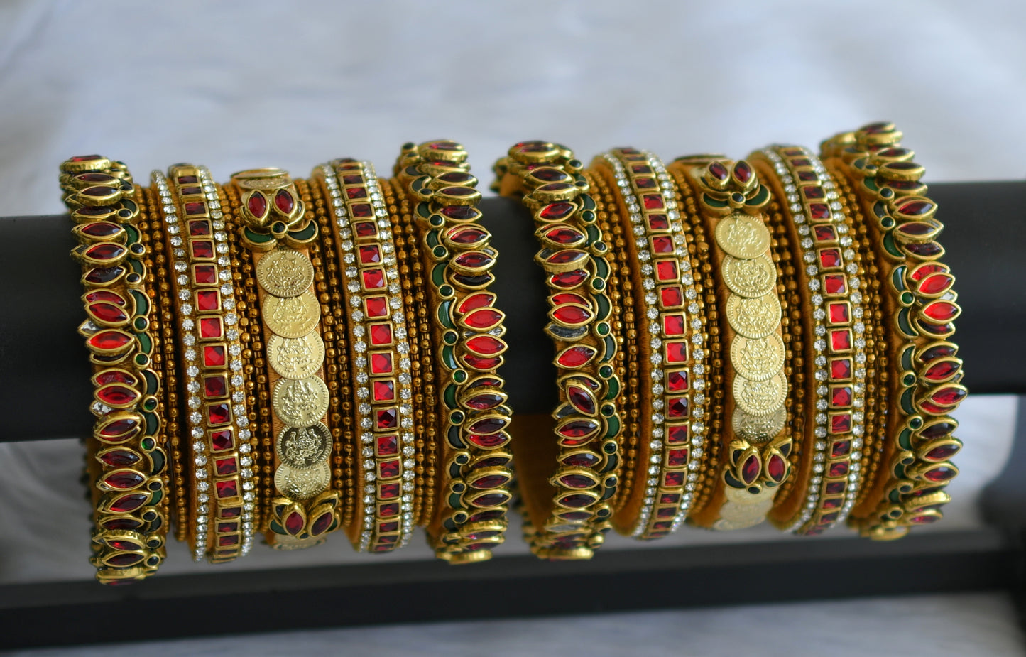 Gold tone silk thread red-green-white kundan jadau lotus lakshmi coin bangles(2.4) dj-46566