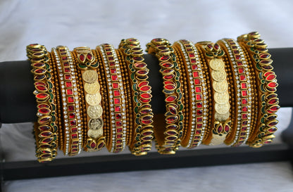 Gold tone silk thread red-green-white kundan jadau lotus lakshmi coin bangles(2.8) dj-46567