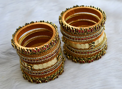 Gold tone silk thread red-green-white kundan jadau lotus lakshmi coin bangles(2.6) dj-46033