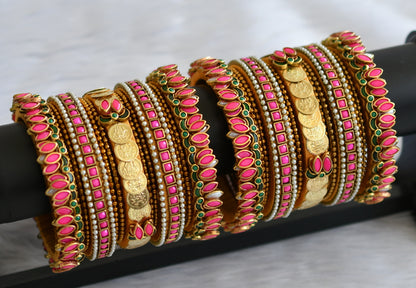 Gold tone silk thread pink-green-pearl kundan jadau lotus lakshmi coin bangles(2.8) dj-46705