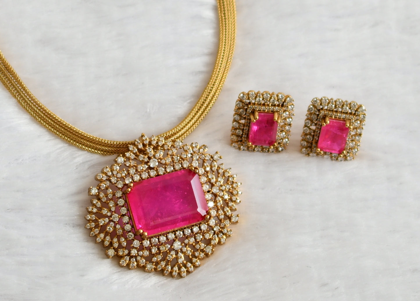 Matte finish cz-pink block stone necklace set dj-49481