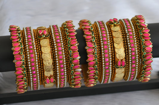 Gold tone silk thread pink-green-pearl kundan jadau lotus lakshmi coin bangles(2.6) dj-46034
