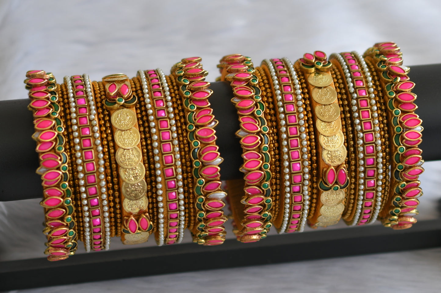 Gold tone silk thread pink-green pearl kundan jadau lotus lakshmi coin bangles(2.4) dj-46704