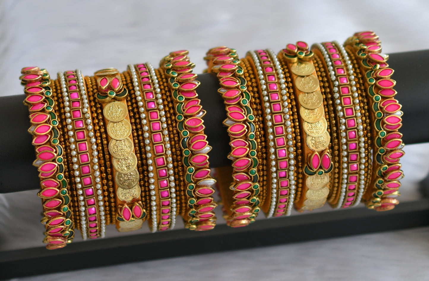 Gold tone silk thread pink-green pearl kundan jadau lotus lakshmi coin bangles(2.4) dj-46704