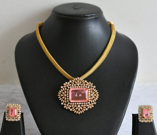 Matte finish cz-peach pink block stone necklace set dj-49480