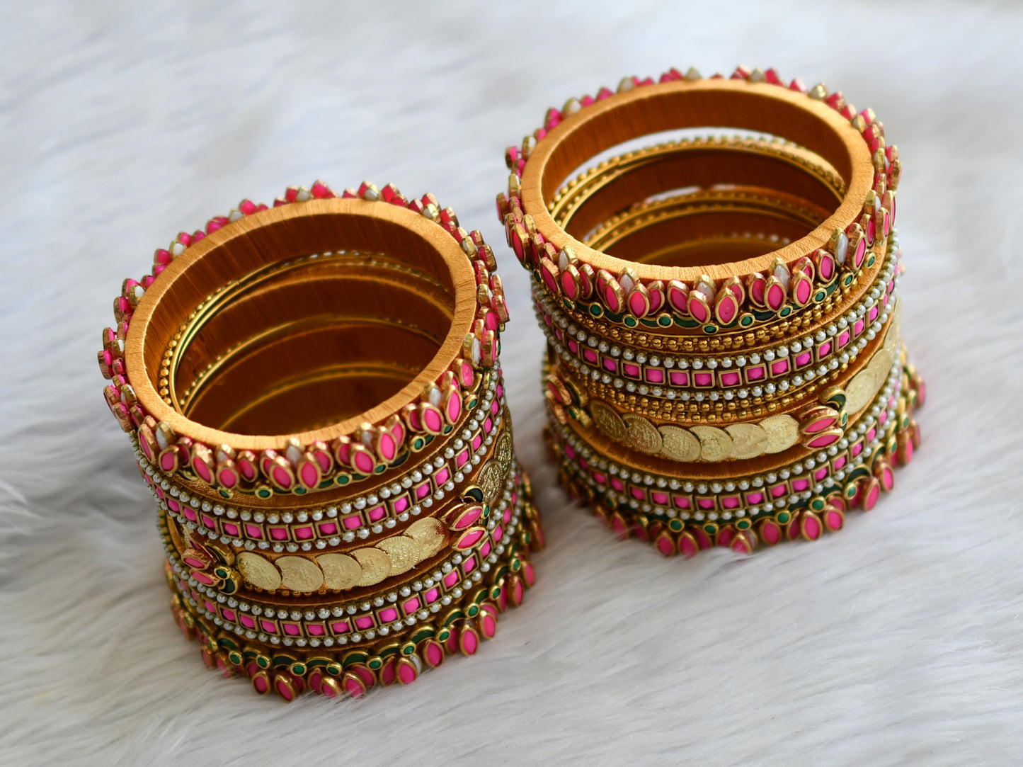 Gold tone silk thread pink-green-pearl kundan jadau lotus lakshmi coin bangles(2.8) dj-46705