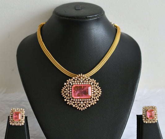 Matte finish cz-candy pink block stone necklace set dj-49476