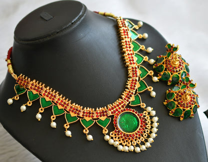 Gold tone Green-pearl Palakka Kerala style Necklace Set DJ14668