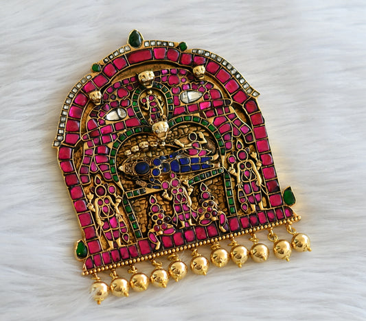 Gold tone pink-green-blue-white kundan jadau sri ranganathar pendant dj-46030