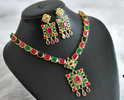 Gold tone navarathna block stone necklace set dj-47656