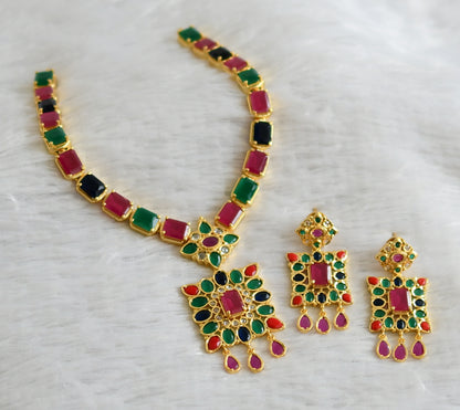 Gold tone navarathna block stone necklace set dj-47656