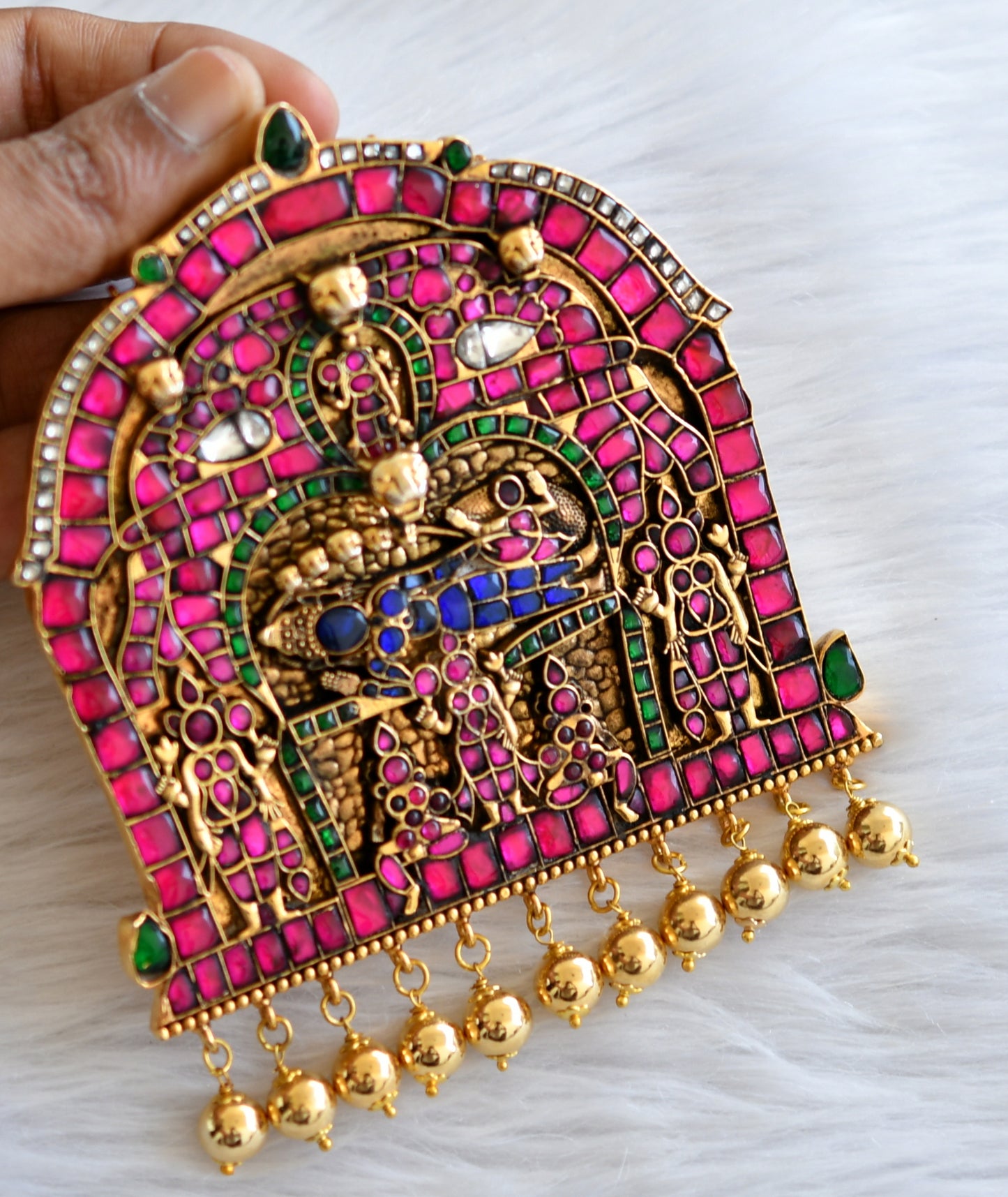 Gold tone pink-green-blue-white kundan jadau sri ranganathar pendant dj-46030
